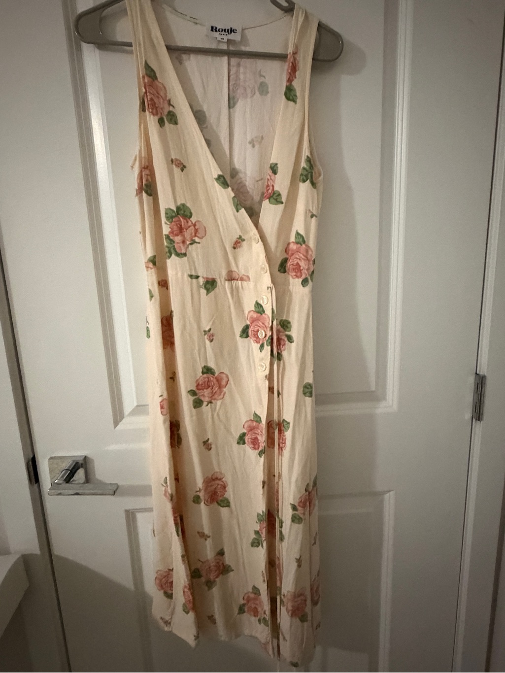 Rouje Cream Midi Wrap Dress With Pink Rose Print